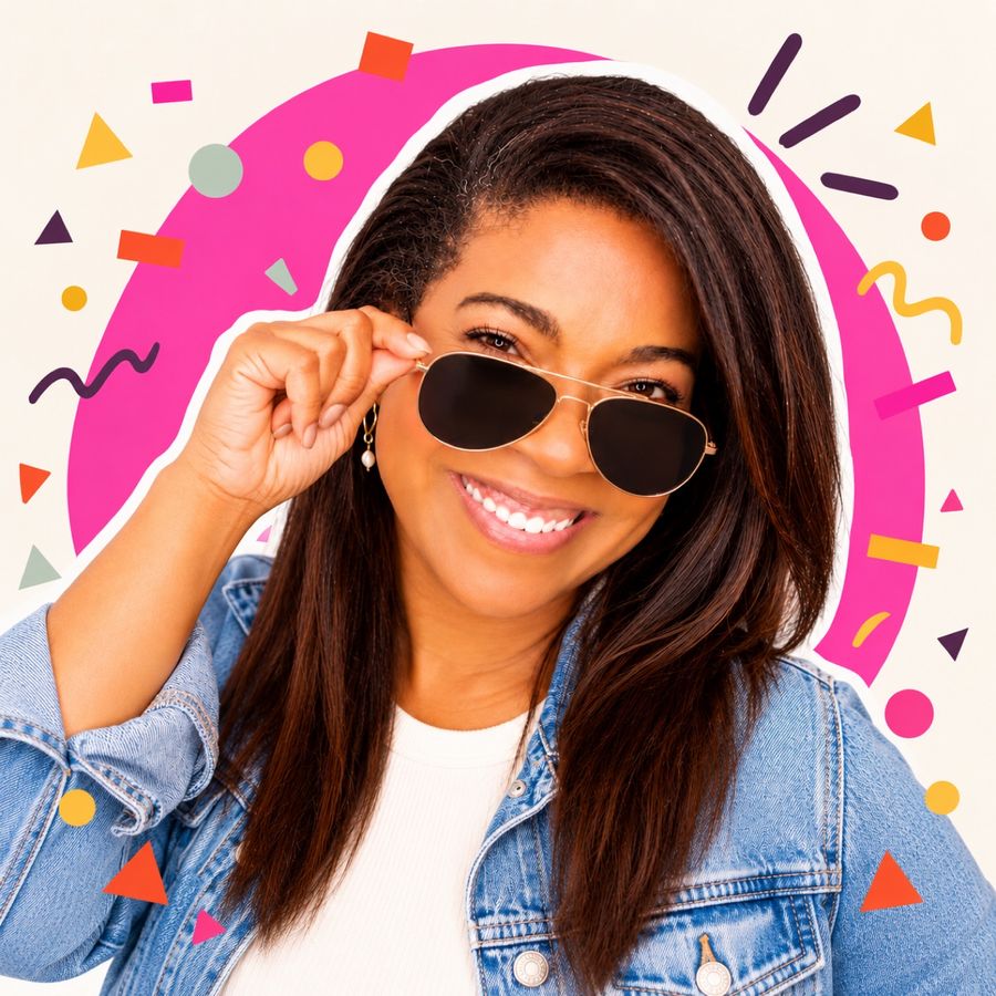 Jas smiling and lowering her sunglasses, confetti behind her